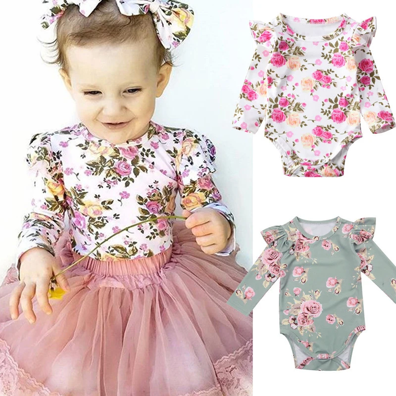 FOCUSNORM Infant Toddler Baby Girls Bodysuit Long Sleeve Pring Floral Tops Jumpsuit Outfits
