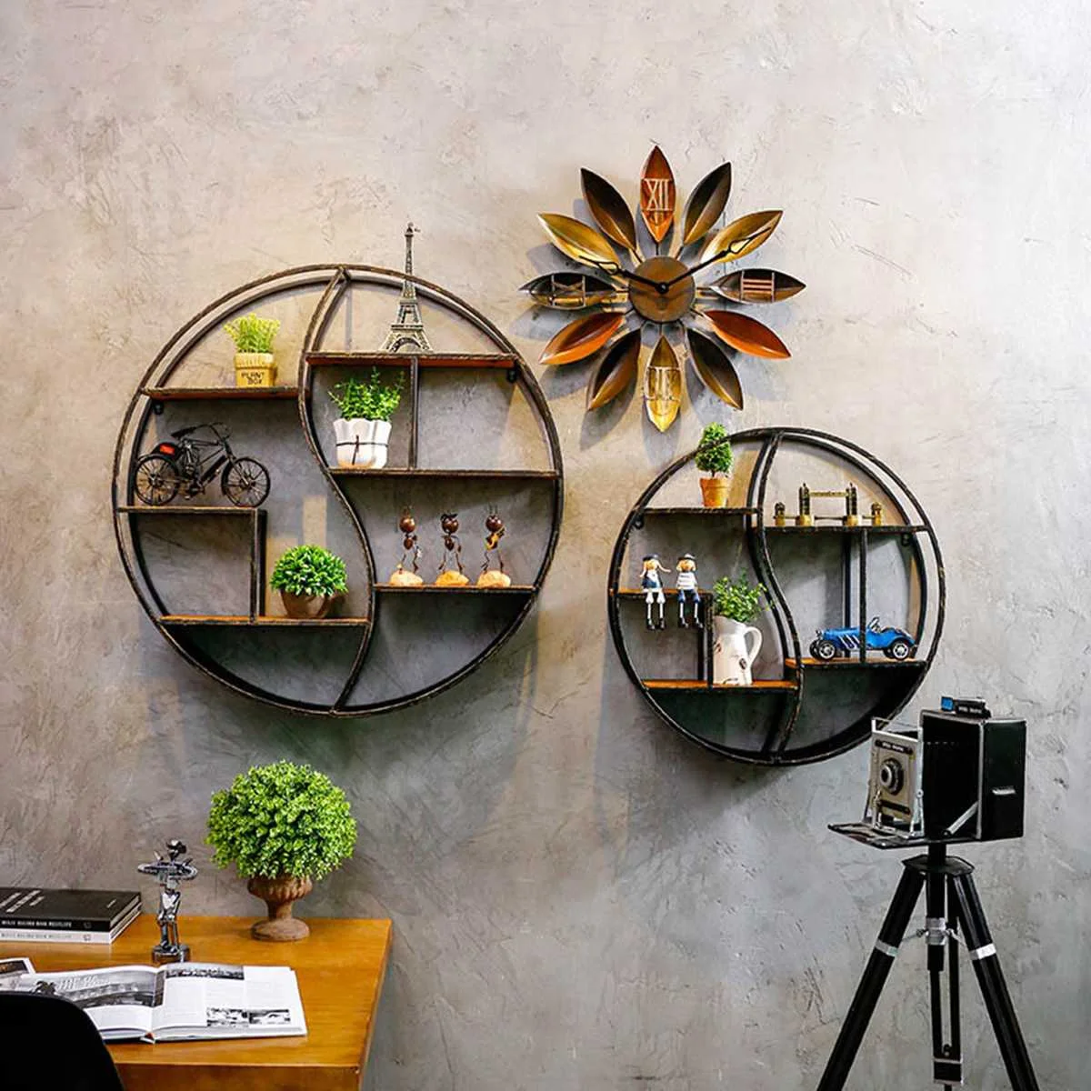 

Round Wood Iron Books Vase Jewelry Display Shelf Hanging Stand Retro Style YIN YANG Pattern Wall-mounted Storage Rack Organiser