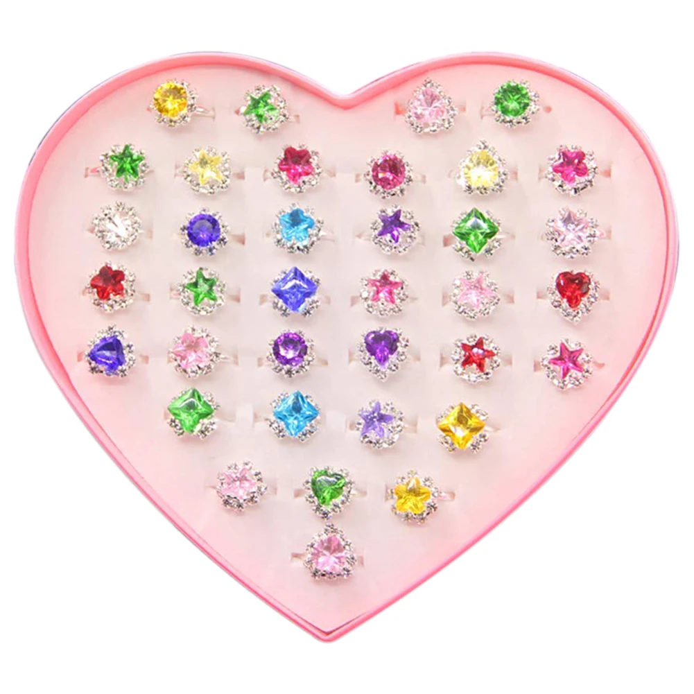 Cyhamse 36 anillos para niñas pequeñas joyas para niños juego de anillos de regalo en caja de colores para niñas y niños pequeños anillos ajustables con piedras preciosas