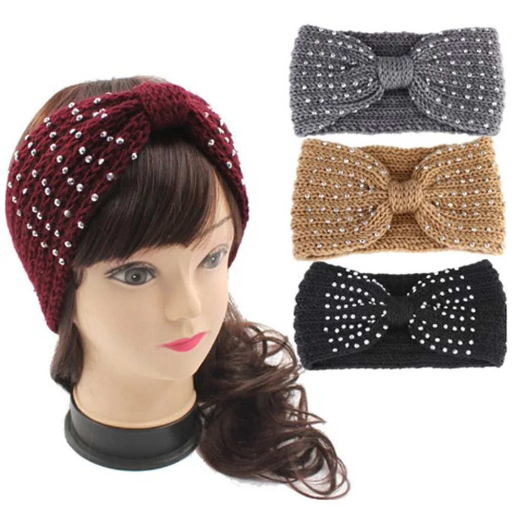 2018 Fashion Winter Warm Knitted Headband Bow Rhinestone Hair bands