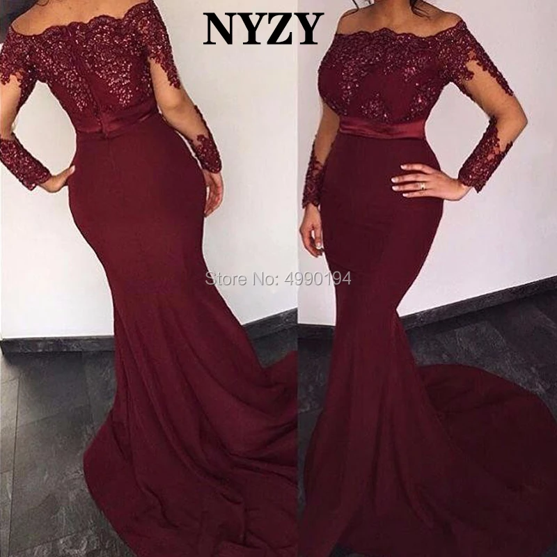 

NYZY E71 Burgundy Chiffon Lace Appliques Mermaid Long Sleeve Engagement Dress Party Arabic Evening Dress 2019 robe soiree dubai