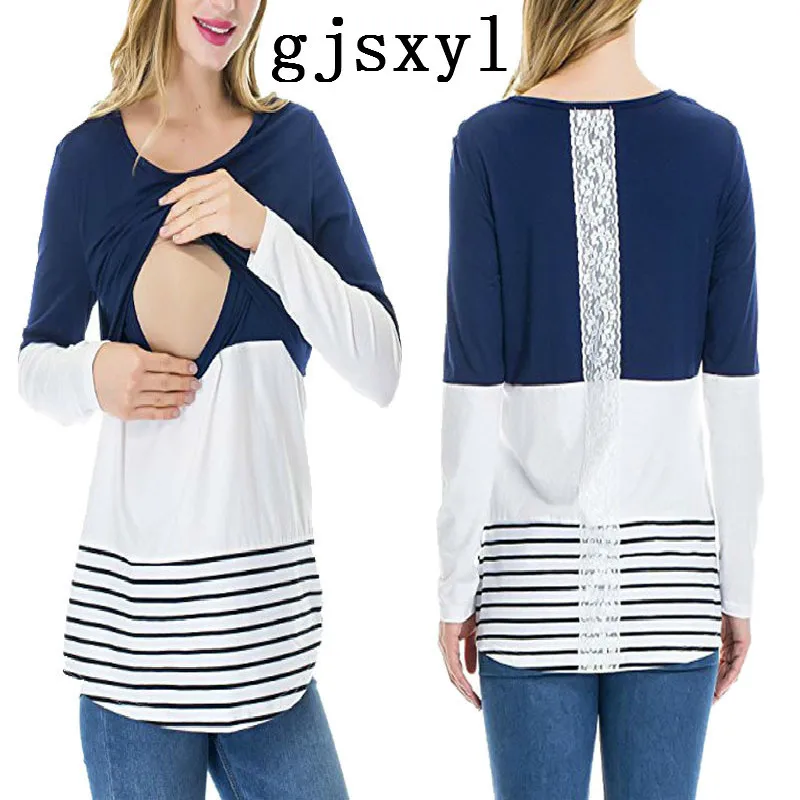 

2018 Maternity Dress Long Sleeve Round Neck Color Lace Stripe T T-shirt Crossing Type Nurse Lactation breastfeeding Clothes