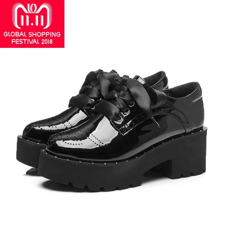 

{Zorssar} 2018 NEW Fashion Patent leather womens Platform Oxford shoes casual Lace-up Square heel Round toe High heels pumps