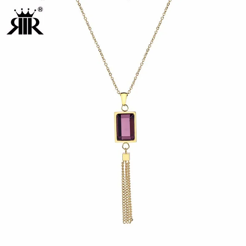 

RIR Stainless Steel Rectangular Purple Crystal Tassel Pendant Necklace Simple Exquisite Ladies Bride Jewellery Necklaces
