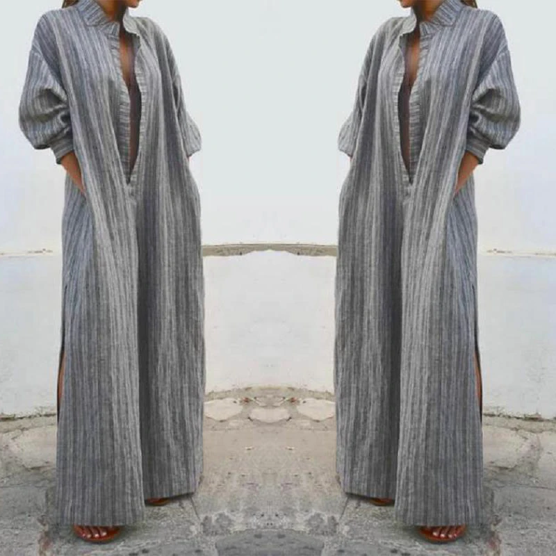 

Oversized Long Shirt Dress S-3XL Striped Ladies Long Sleeve Maxi Cotton Linen