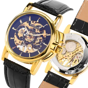 

Black Genuine Leather Men Watch Mechanical Hand Winding Golden Stainless Steel Man Clock Top Gifts for Business Men reloj