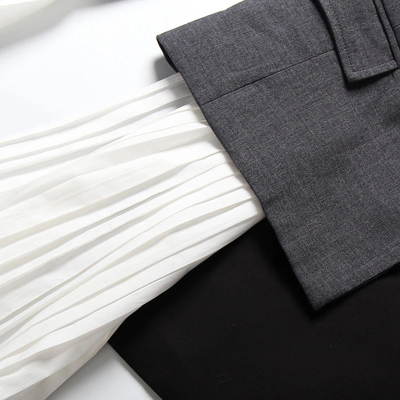 Ideal  [EAM] 2020 New Autumn Summer Lapel Long Sleeve Gray Hit Color Pleated Irregular Split Joint Jacket 