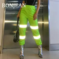 BONJEAN лоскутные брюки для женщин одежда 2019 Весна Брюки средней талии Светоотражающие брюки длинные зеленые шаровары BJ871