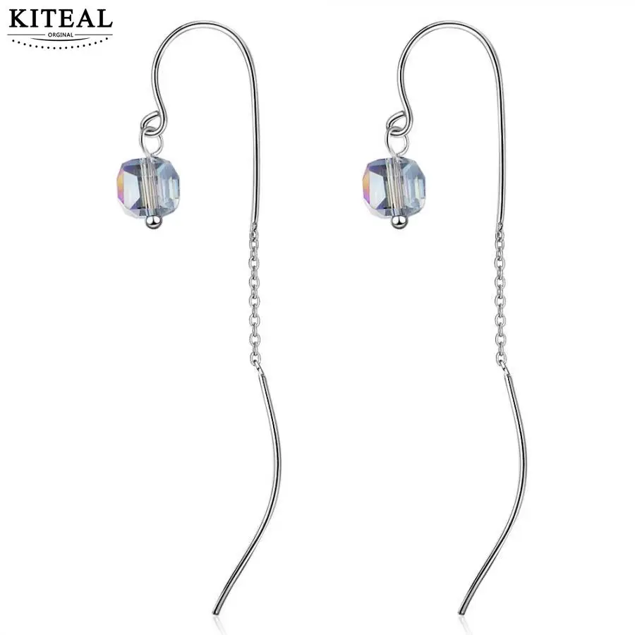 

KITEAL New Arrival!! silver color 925 jewelry female earrings AAA shiny crystal long earrings cube ear cuff joyas
