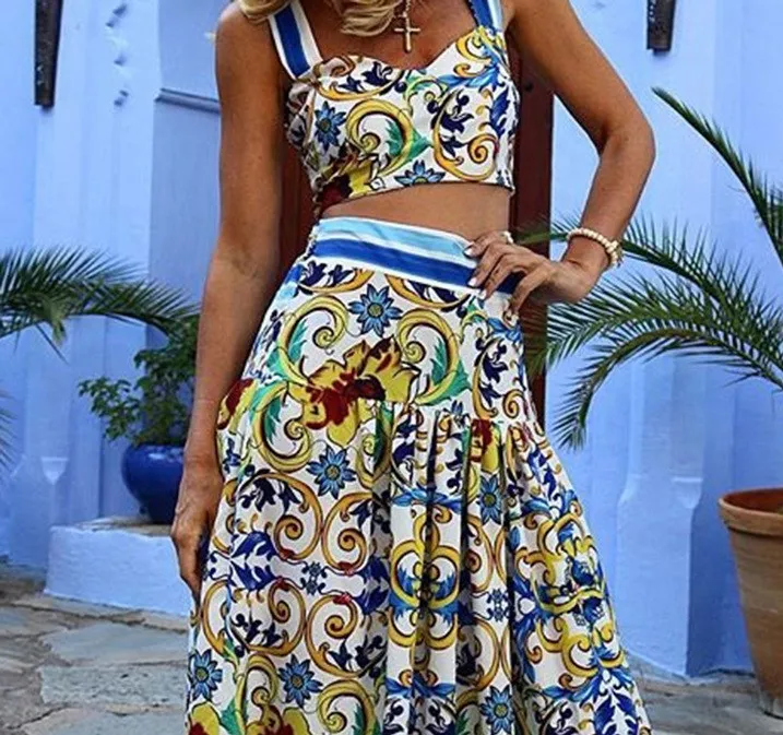 

Boho Sexy Women Two Piece Set Crop Top Long Skirt Sleeveless Floral Printed Strapless Bandage Ruffles High Waist Casual Suit