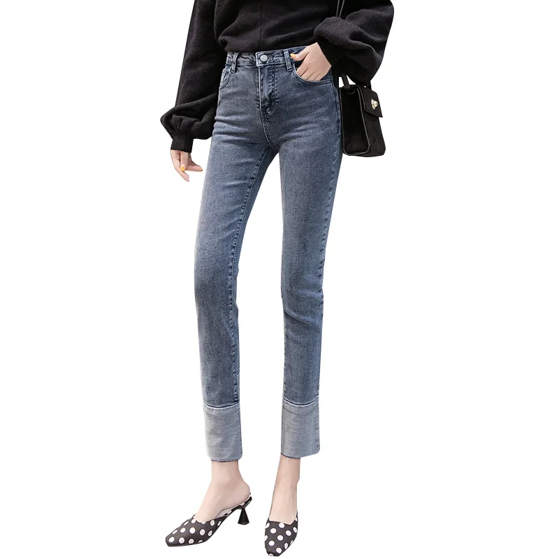 Moda La Vaqueros Elástica Mezclilla Alta Pantalones Nueva Slim Algodón Navy Cintura Señora Arruga De Lavado Pengpious gOX76wqxnO