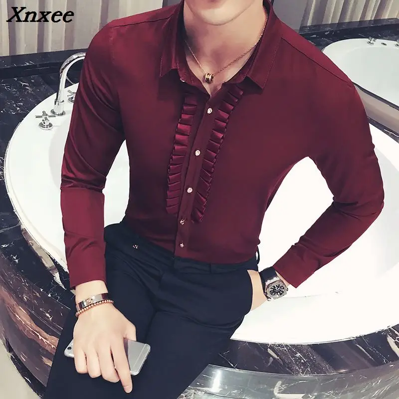 Men shirt fashion slim solid color long-sleeved shirt nightclub bar barber High-end business casual evening dress