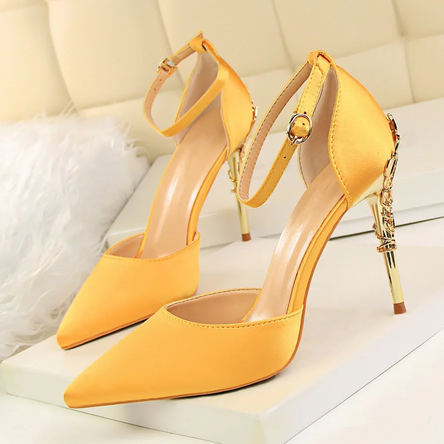 

2018 Four Seasons Women Ankle Strap Two-piece Metal Decoration Shoes Woman Pointed Toe Women's Pumps Thin Heels DS-B0092