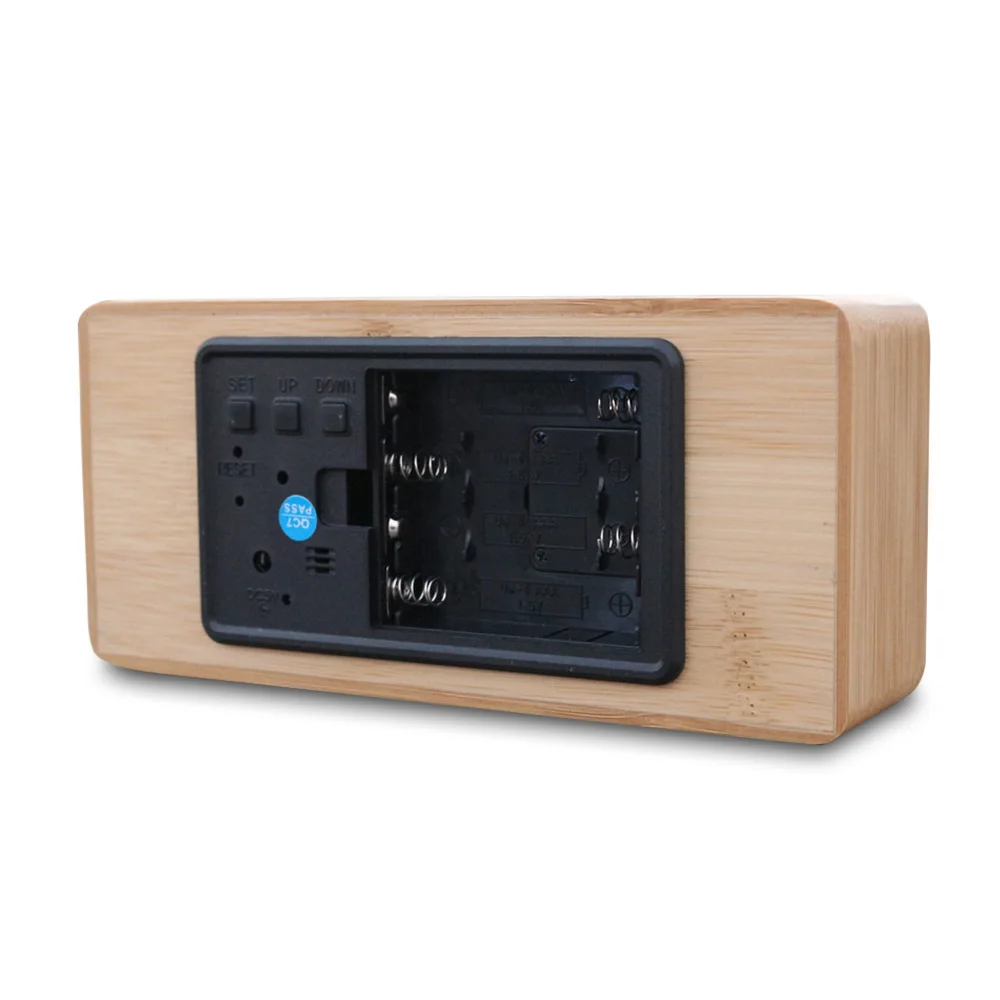 New Bamboo Wooden Alarm Clock LED Display With Mirror Temperature Digital Watch Desktop Digital Table Clock