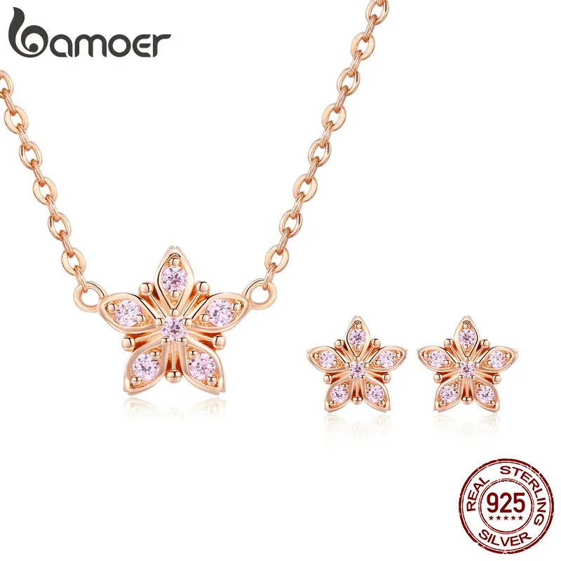 

BAMOER 925 Sterling Silver Sakura Pink Flower Pendant Necklaces Women Earrings Star Shape Jewelry Set Wedding Jewelry ZHS098