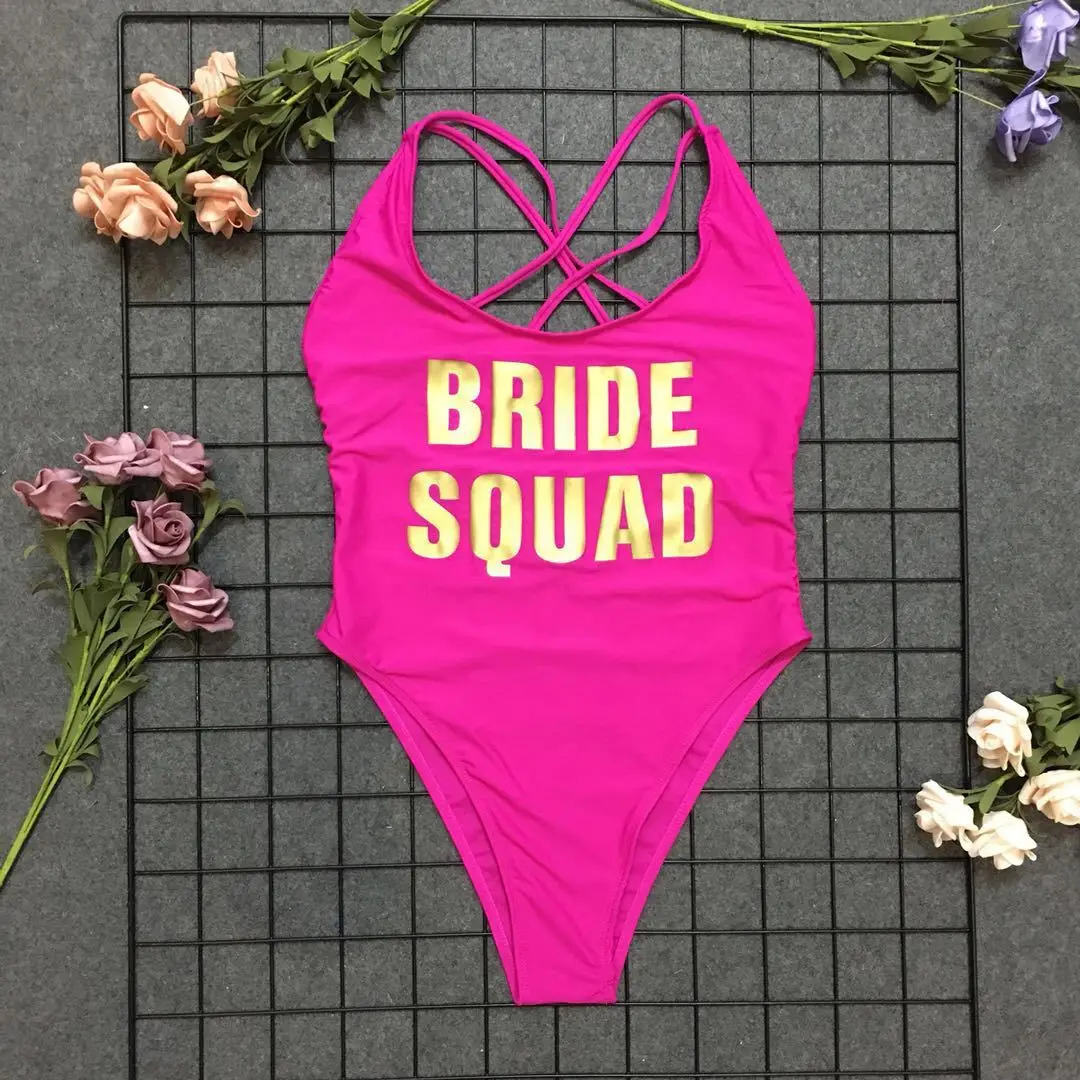 

One Piece Swimsuit Bride Squad High Cut Bathing Suit Strappy Cross Back Swimwear Custom Text