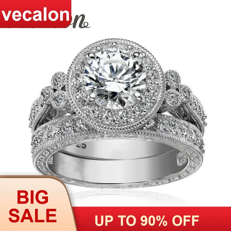 Anel de Corte Anel de Banda de Casamento Vecalon Antigo Jóias Flor Feminino Redondo 2ct Aaaaa Zircon cz 925 Prata Esterlina Conjunto