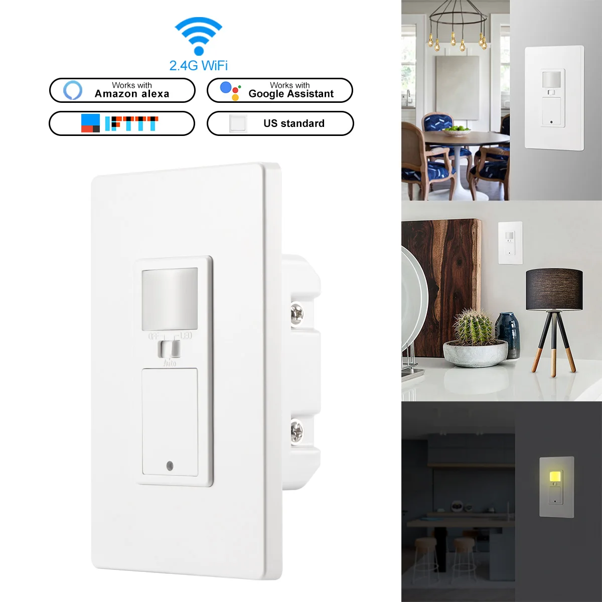 

Wall Mount US Plug 800W Smart Switch In-wall Phone Remote Control Light Switch Auto Night Light Compatible with Alexa Google