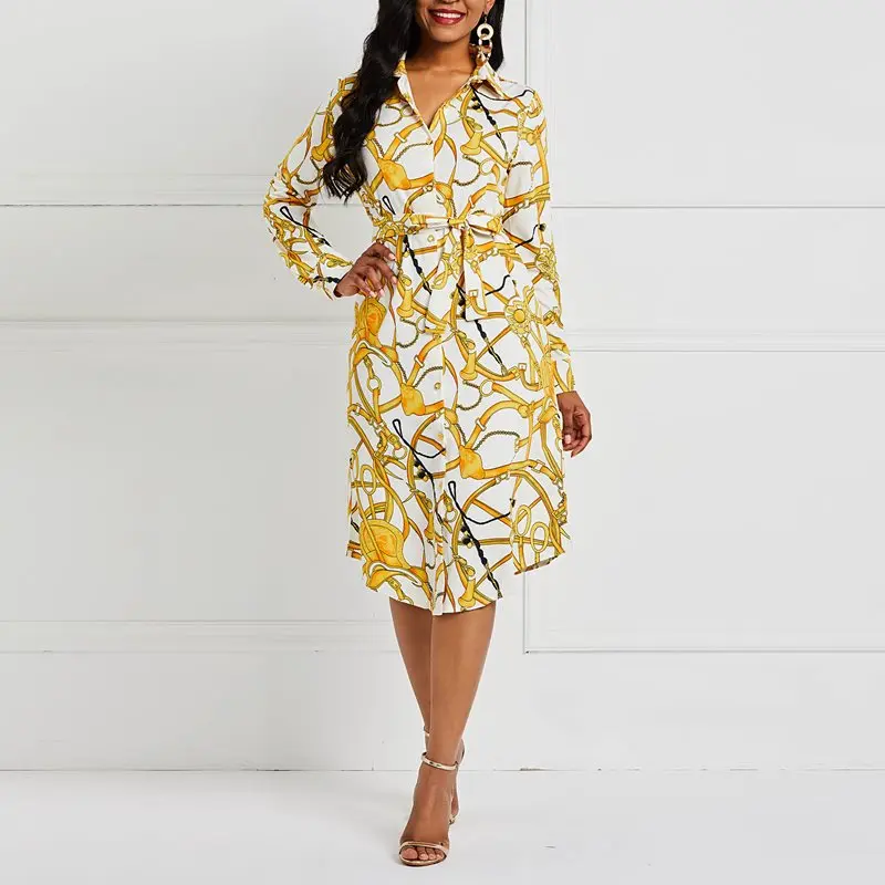 

Trend Print Office Dress Women Plus Size Casual Street Spring African Fashion Yellow Elegant Long Sleeve Shirt Dresses Female