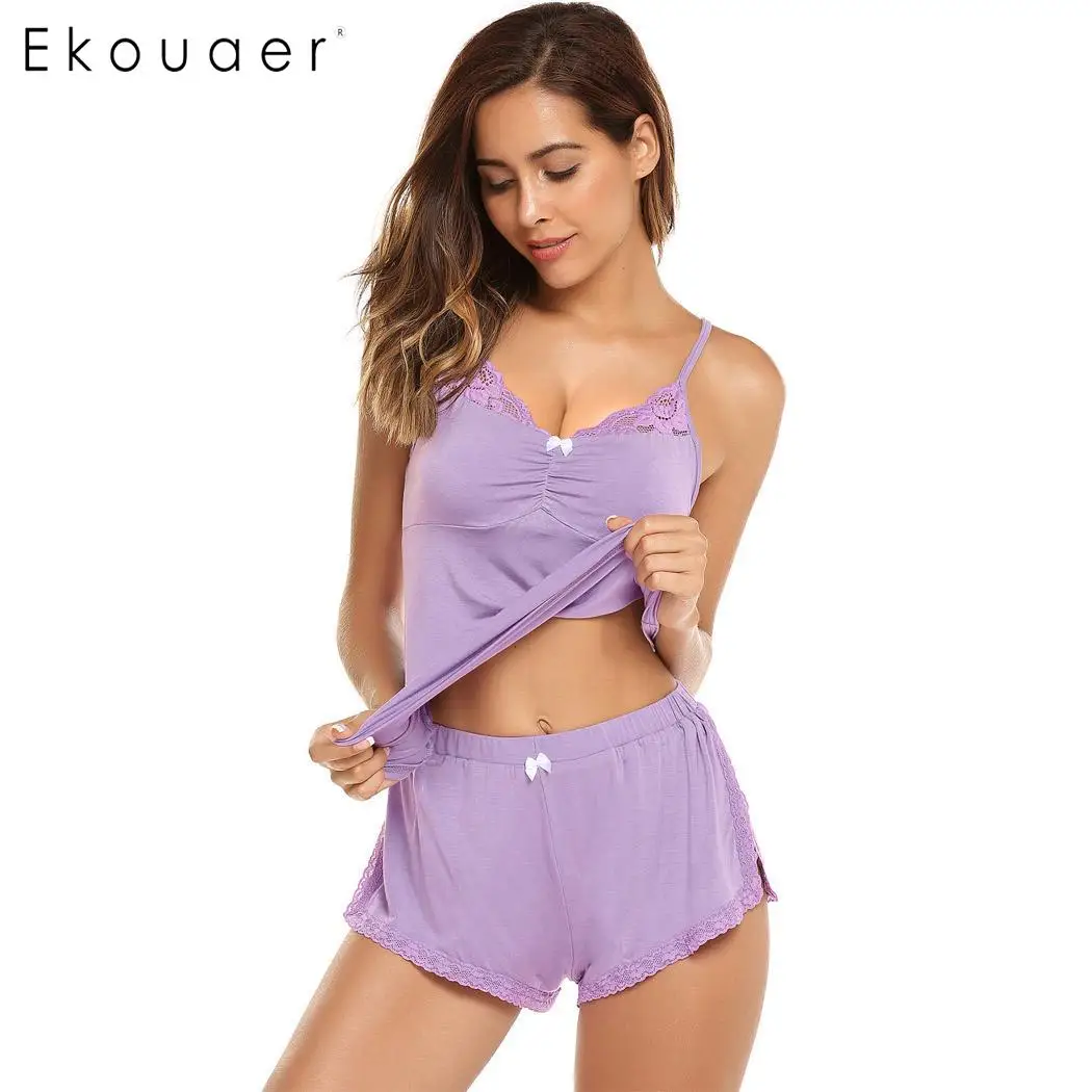 

Ekouaer Women's Pajamas Set Nightwear Lace Trim Bow V-Neck Spaghetti Straps Cami Tops Shorts Sleepwear Pajama Sets Home Clothing