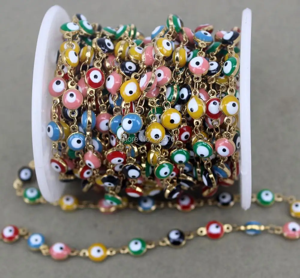 

5 Meter Round Shape Evil Eye Beaded Chain,Wire Wrapped Beaded Chain for jewelry making