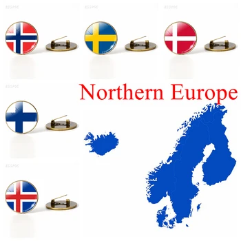 

Northern Europe: Denmark Sweden Finland Norway Iceland Flag Brooches Glass Cabochon Jewelry Bronze Brooch Pins Women Gift