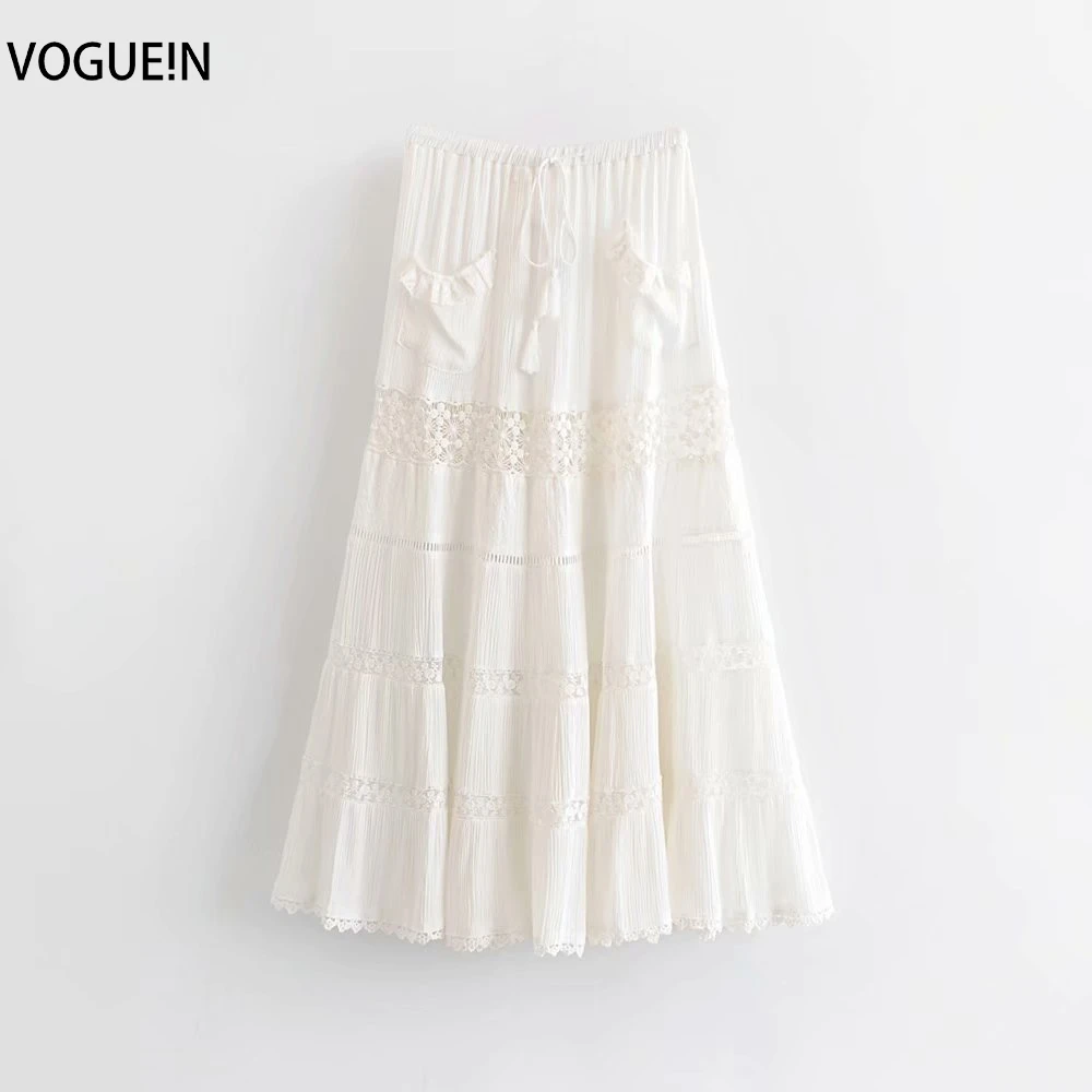 

New Womens Summer Beach Boho Lace Mix Hollow Pockets White Maxi Skirt