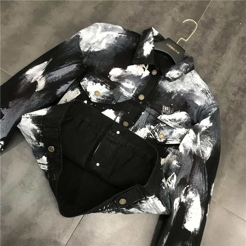 Veste 2019 Pleine Femmes Printemps Deat We21301 Turn Imprimé Encres Poitrine Manteau Mode Collar Lâche Denim Unique Manches down Black Nouveau 8pAWWcd