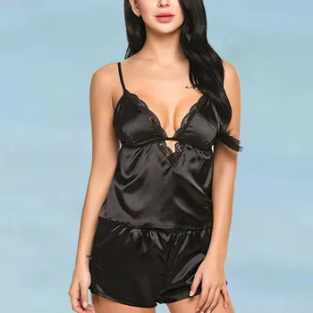 

Women's Silk Satin Pajama Sets Pure Color Sleeveless Strappy Sleepwear Ladies' New Sexy V Neck Homewear Night Wear Hot Selling
