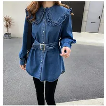 Long Sleeve Tunic Jeans Blouse 2019 Spring Vintage Women Blouses Tops Ladies Ruffle Collar Denim Shirt trendy shirt collar long sleeve denim shirt for women