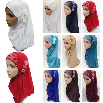 

Ramadan Women Muslim Amira Hijab Islamic Scarf Flowers Rhinestone Headwear Turban Headscarf Hair Loss Prayer Hat Bandanas Cap