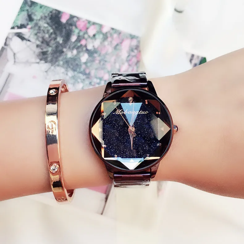 Goedkoop Luxe Crystal Star Sky vrouwen Horloge Goud Stalen Riem Water Diamant Dail Armband Horloge Polygon Gift Klok