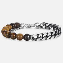 8 мм мужской браслет из тигрового глаза с бусинами, нержавеющая сталь, кубинская цепочка, браслеты для мужчин, ювелирные изделия, мужские подарки LDB188