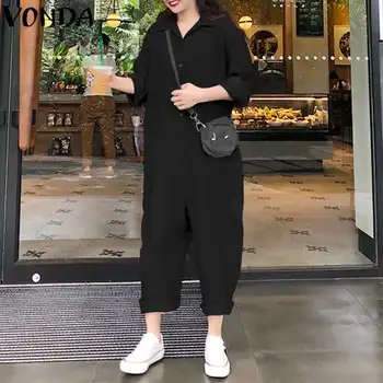 

VONDA Plus Size Wide Leg Pants 2020 Jumpsuits Women Romper Casual Loose Lapel Neck Button Long Sleeve Solid Baggy Overalls