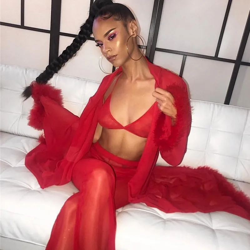 

Sexy See Through Women Mesh Tracksuit 2 Piece Set Stretchy Bodycon Party Feather Pants +crop Tops Set Mesh Club Wear Outfits