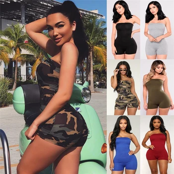

Fahsion Women Skinny Solid Playsuits Summer Sexy Strapless Sleeveless Slim Playsuits Lady Bodycon Romper Jumpsuit Party Clubwear