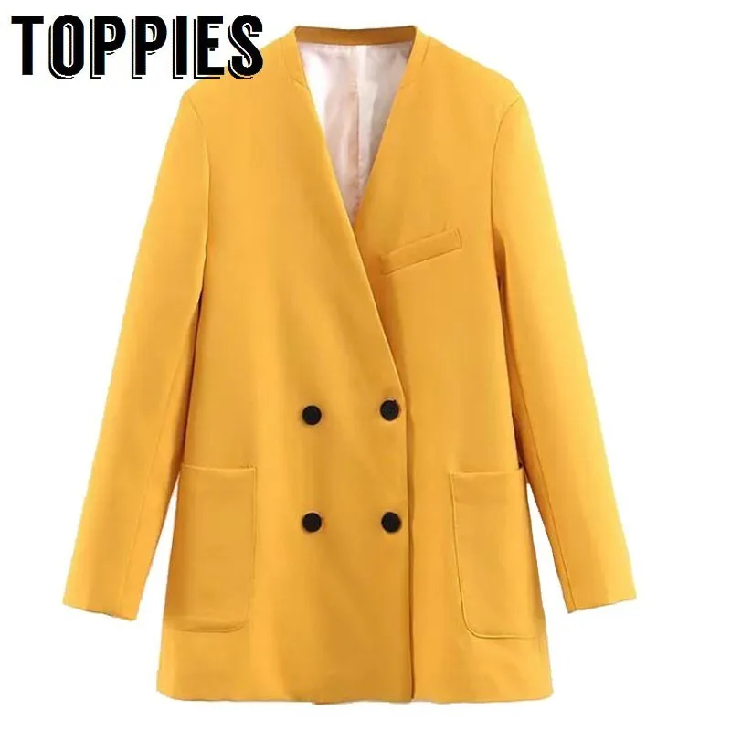 

2019 Spring Double Breasted Blazers Coat Office Ladies Small Suit Loose Coat V Neck Long Blazer americana mujer