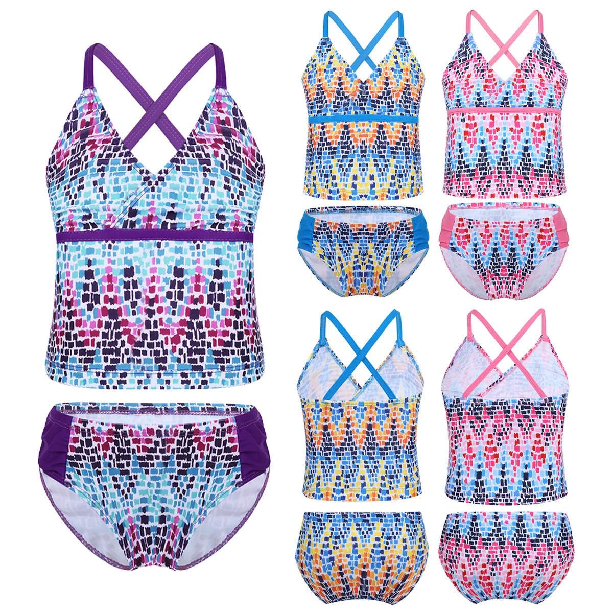 TiaoBug Kids Teens Two-piece Tankini Swimsuit Children Girls Colorful  Digital Printed Swim Tops Briefs Bikini Set Bathing Suits - AliExpress