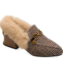 

2018 New Arrive Winter Women Pumps Fur Black Heels Flock Point Toe Autumn Platform Heels Block Heel Shoes Wedding Shoes