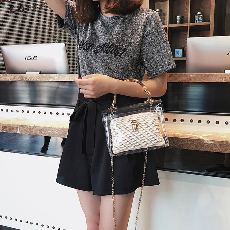 حقيبة بلاستيكية شفافة للنساء يد مع الخيزران مقبض الصيف صغيرة سلسلة Crossbody حقائب السيدات سترو حقائب الشاطئ حقيبة بلاستيكية شفافة للنساء يد مع الخيزران مقبض الصيف صغيرة سلسلة Crossbody حقائب السيدات سترو حقائب الشاطئ