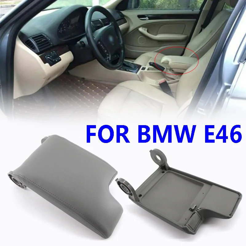 

Grey Armrest Center Console Lid Cover Leather with Plate for BMW E46 1999-2004