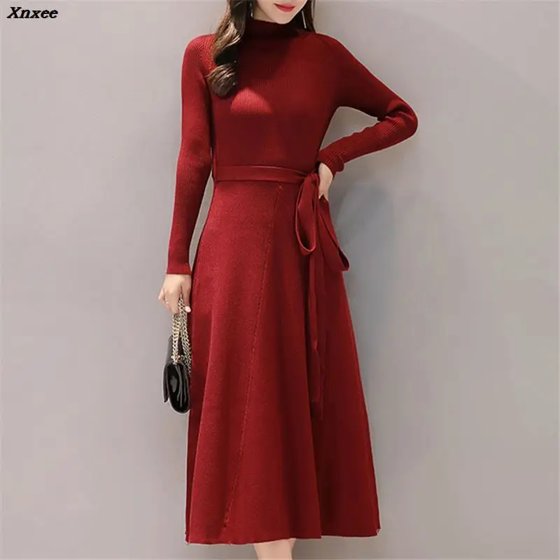 

2018 New Autumn Winter Vintage A-line Sweater Dress Women Solid Long Sleeved Sexy Elegant Knitted Dresses Long Vestidos Xnxee