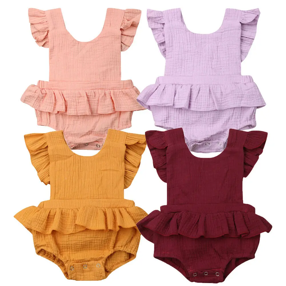 

0-18M Cute Newborn Baby Girl Ruffles Sleeveless Backless Solid Color Skirted Romper Jumpsuit One Pieces Outfits Cotton Clothes
