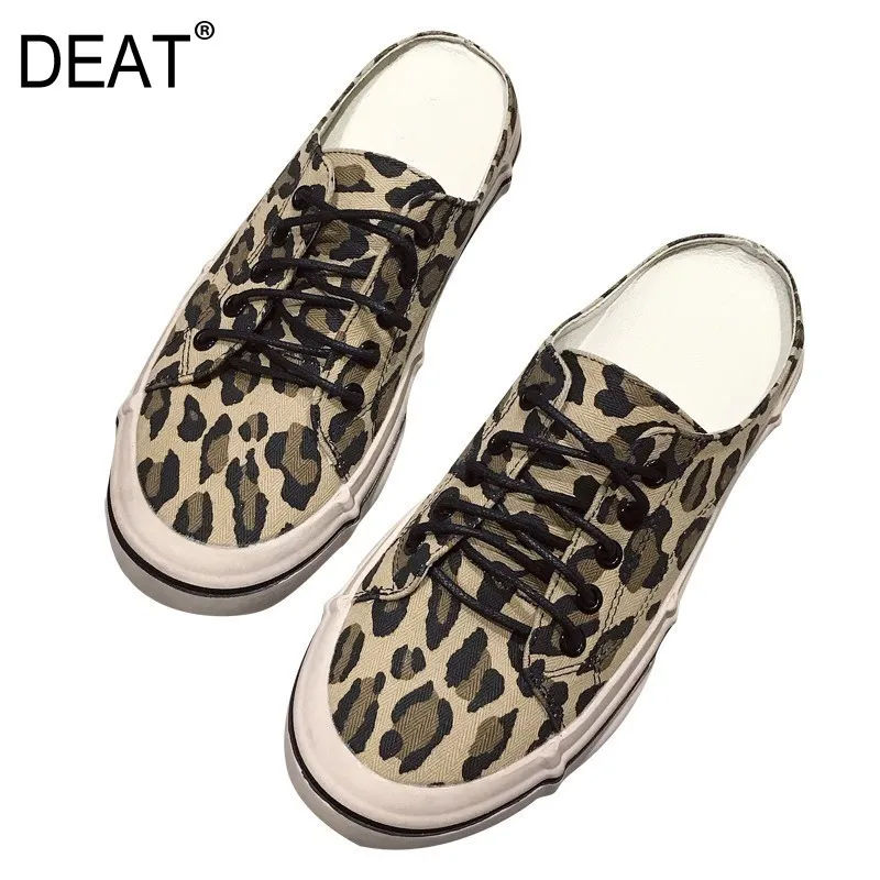 

[DEAT] 2019 New Spring Summer Round Toe Shallow Canvas Bandage Leopard Print Outside Flat Slippers Women Shoes Fashion 10C572