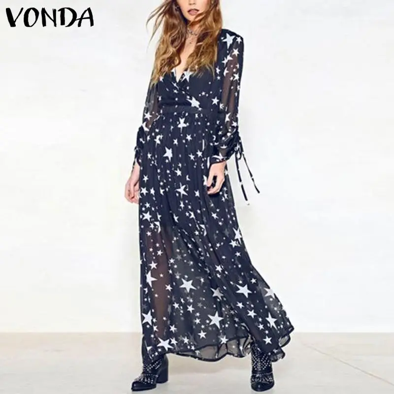 

VONDA Women Dress Summer 2019 Bohemian Sexy V Neck Long Loose Maxi Dress Holiday Streetwear Casual Stars Print Vestido Plus Size