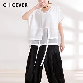 

CHICEVER Ribbon Casual Women's T-shirt 2020 O Neck Short Batwing Sleeve Mesh Patchwork Oversize Summer Top Female T-shirt New