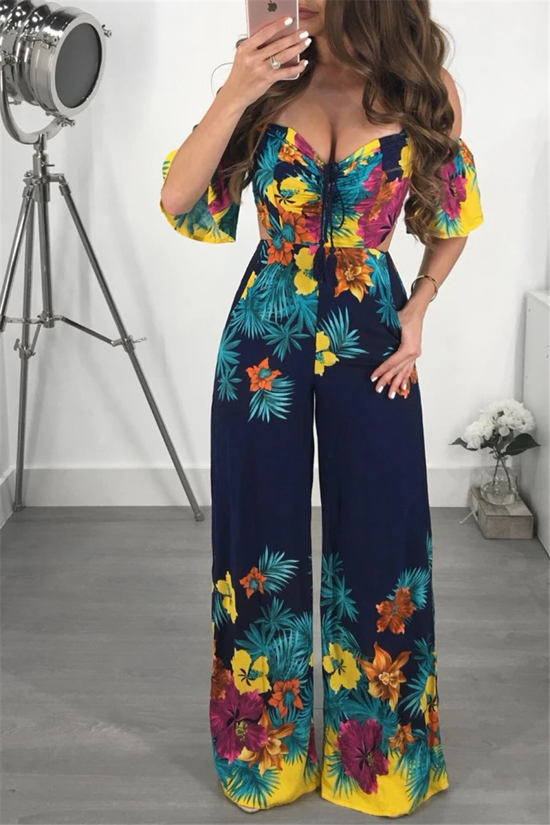 Women Off Shoulder Clubwear Playsuit Casual Short Sleeve Party Romper Summer Fashion Bandage Wide Leg Elegant Bodycon Jumpsuit