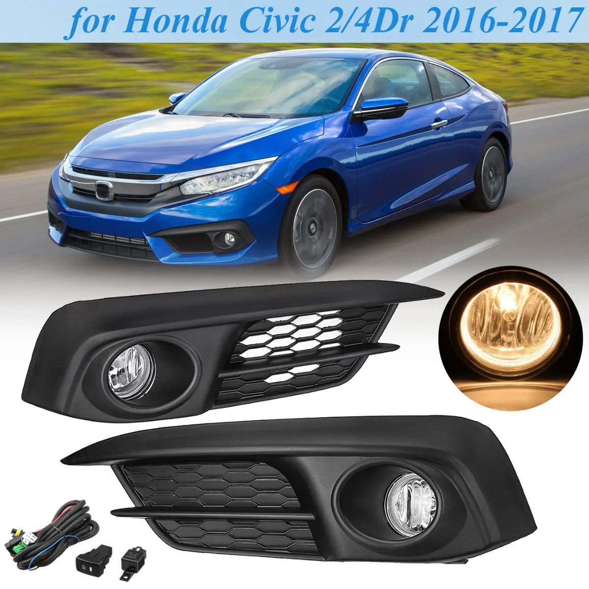 

1 Pair Bumper Light Sub-Assy Clear+Wiring Switch+Bulbs Front Bumper Fog Light Lamp Front for Honda for Civic 2016 2017