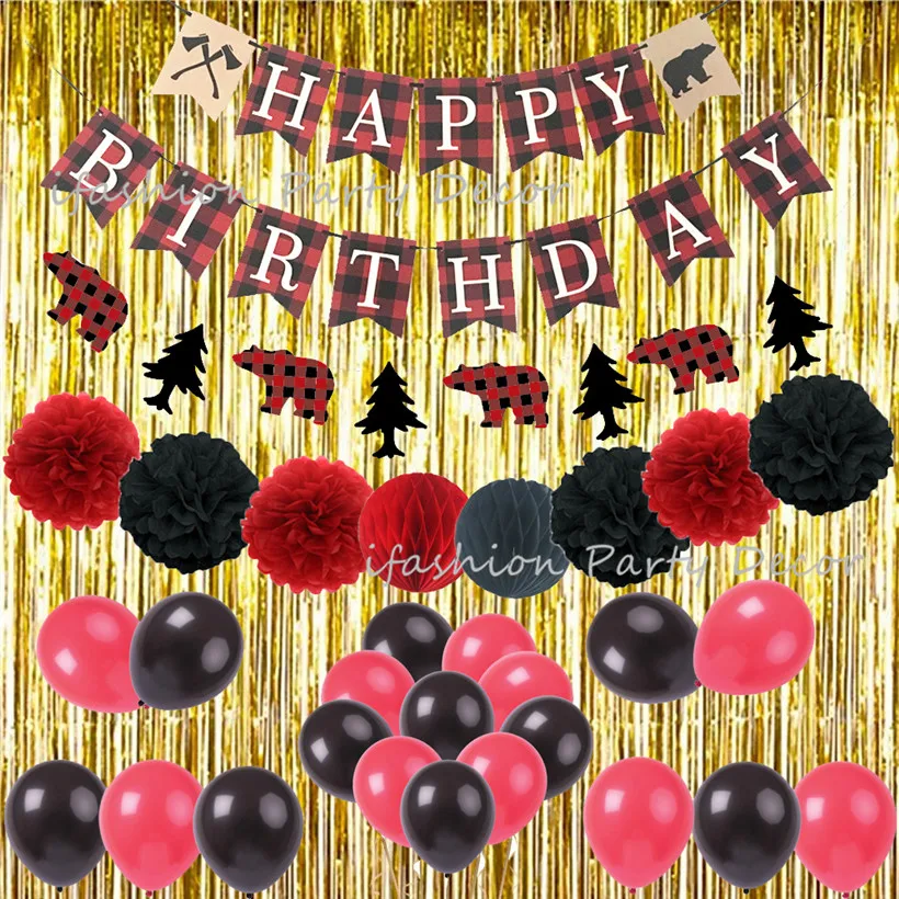 

Birthday Party Decorations Adult Boy Photobooth Backdrop Foil Gold Curtain Lumberjack Party Theme Wall Decoration Supplies