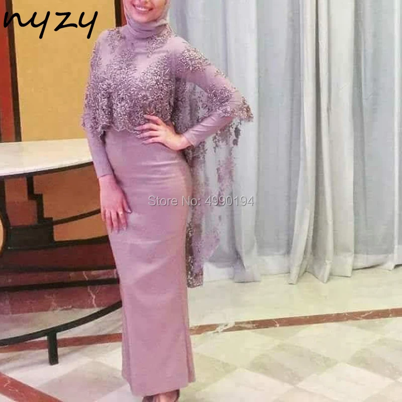Nyzy Mw4 Arabic Hijab Muslim Evening Dress Cape Cloak Long Sleeves Jewel Beaded Satin Formal Dress Party Robe Soiree Dubai 2019 Buy At The Price Of 122 55 In Aliexpress Com Imall Com